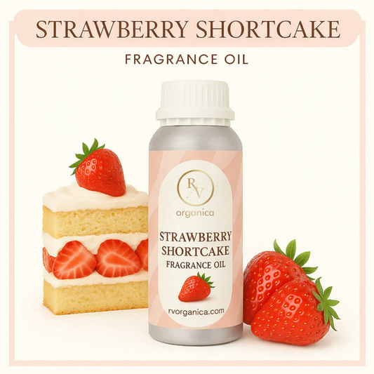 Premium Strawberry Shortcake fragrance oil in clear glass bottle