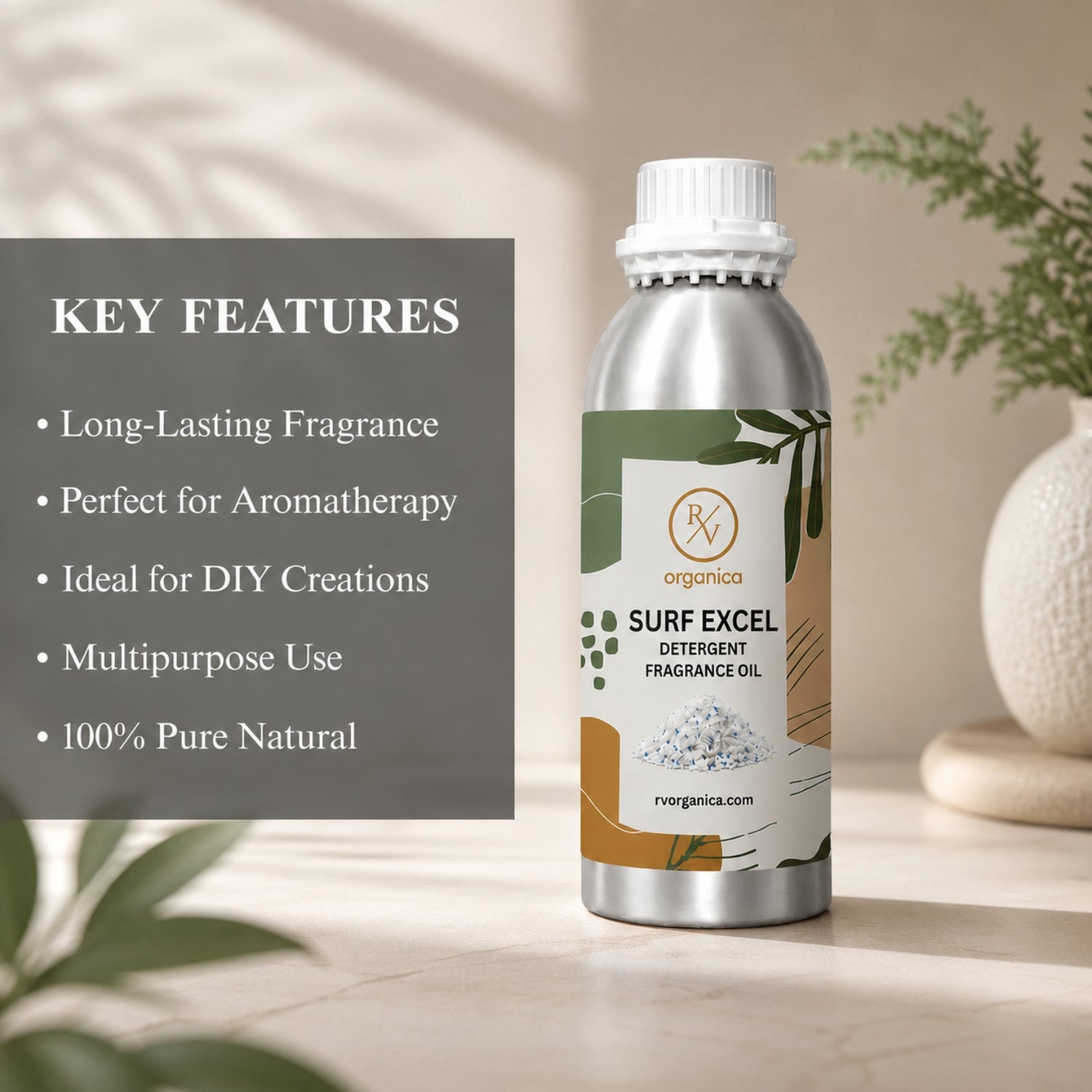 Key features of Surf Excel Detergent Fragrance Oil include a fresh laundry-inspired aroma, long-lasting fragrance, strong scent retention, IFRA compliant, premium quality, and multipurpose use for detergents, fabric conditioners, soaps, candles, and home fragrance products.