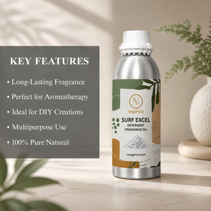 Key features of Surf Excel Detergent Fragrance Oil include a fresh laundry-inspired aroma, long-lasting fragrance, strong scent retention, IFRA compliant, premium quality, and multipurpose use for detergents, fabric conditioners, soaps, candles, and home fragrance products.
