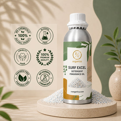 Surf Excel Detergent Fragrance Oil in a premium aluminium bottle with quality icons highlighting long-lasting fragrance, premium quality, IFRA compliant, cruelty-free, and multipurpose fragrance applications.