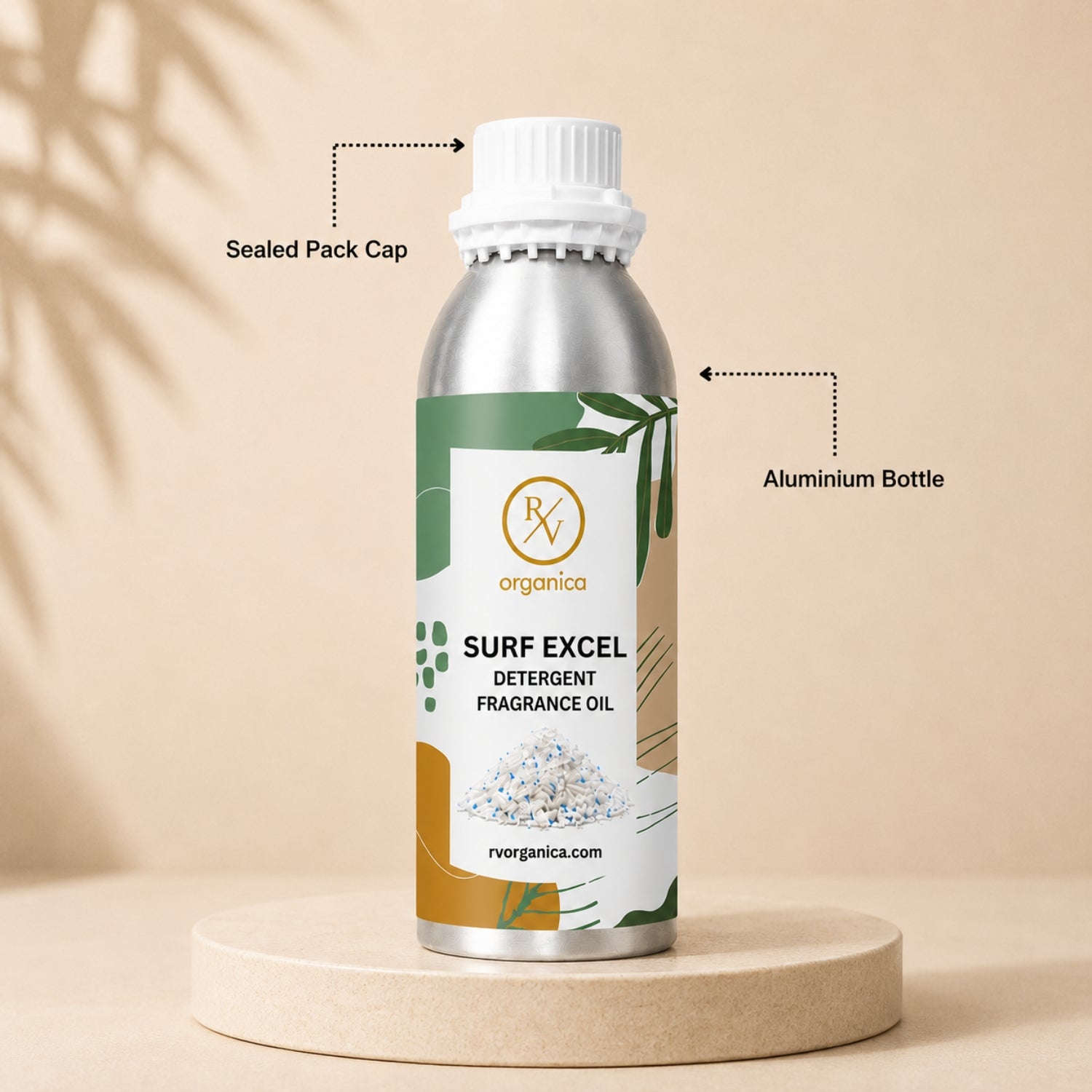 Sealed aluminium bottle of Surf Excel Detergent Fragrance Oil, ensuring purity, freshness, leak-proof packaging, and premium fragrance quality for bulk and personal use.
