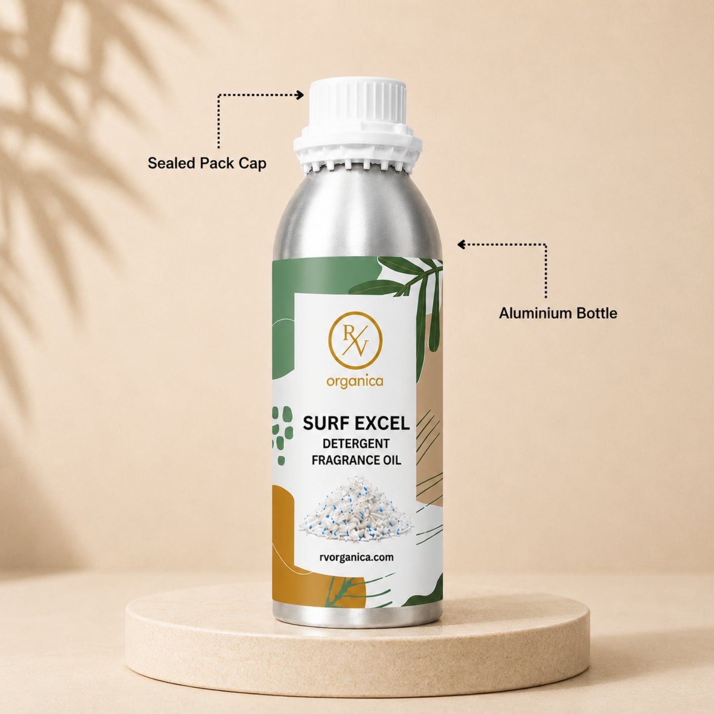 Sealed aluminium bottle of Surf Excel Detergent Fragrance Oil, ensuring purity, freshness, leak-proof packaging, and premium fragrance quality for bulk and personal use.