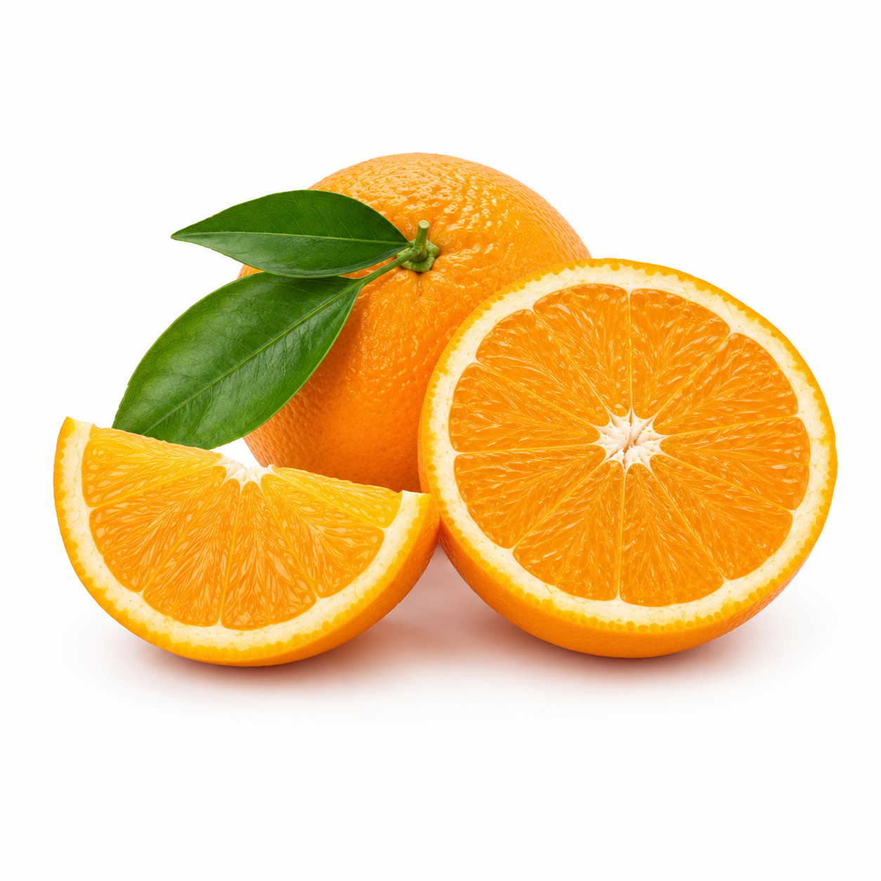 Fresh sweet oranges with green leaves and sliced cross-sections showing juicy pulp on white background - Sweet Orange Essential Oil source ingredient