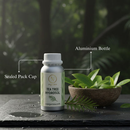 Tea Tree Hydrosol in aluminium bottle with sealed pack cap, natural organic skincare toner with fresh tea tree leaves on dark stone surface.