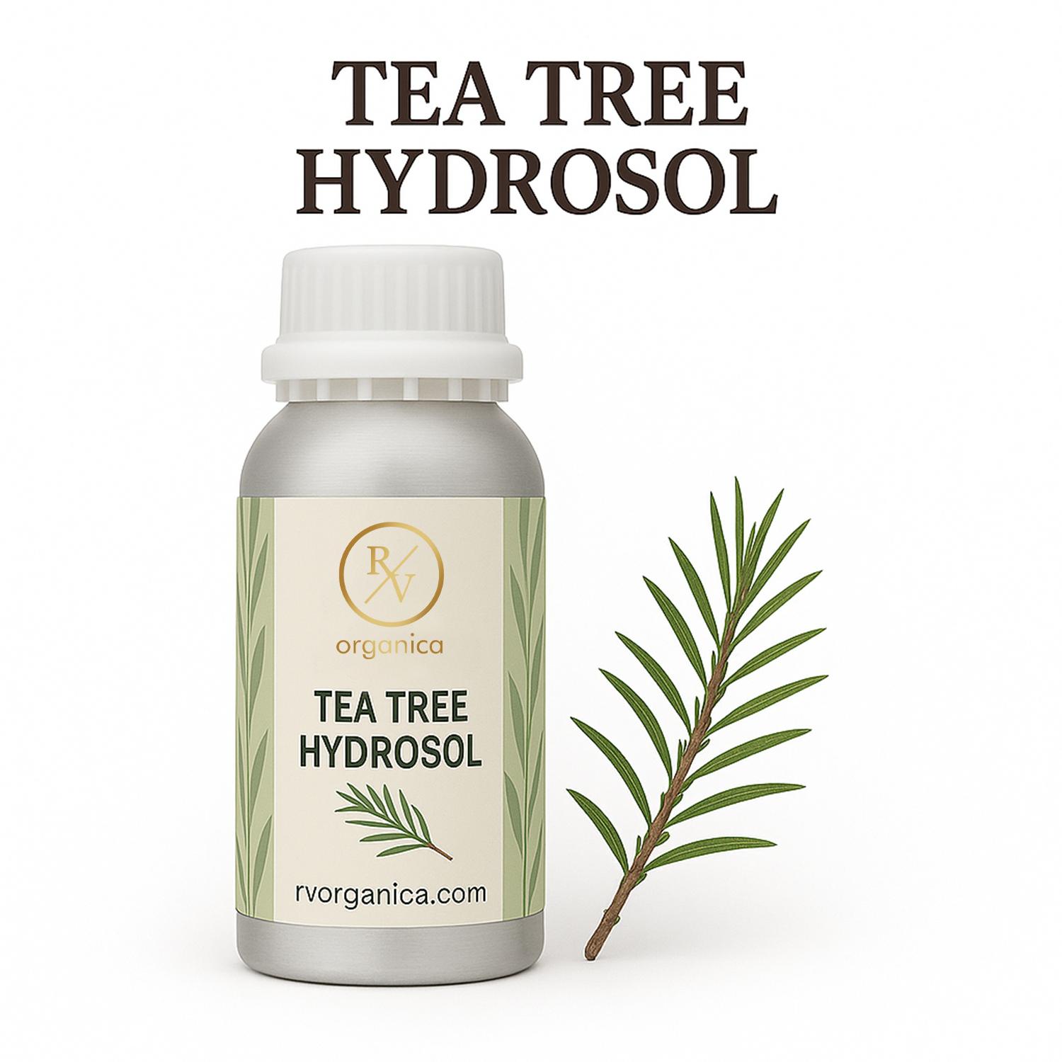 A bottle of Tea Tree Hydrosol with a white label, next to a small branch of tea tree leaves. The cap of the bottle is white, and the liquid inside is clear.