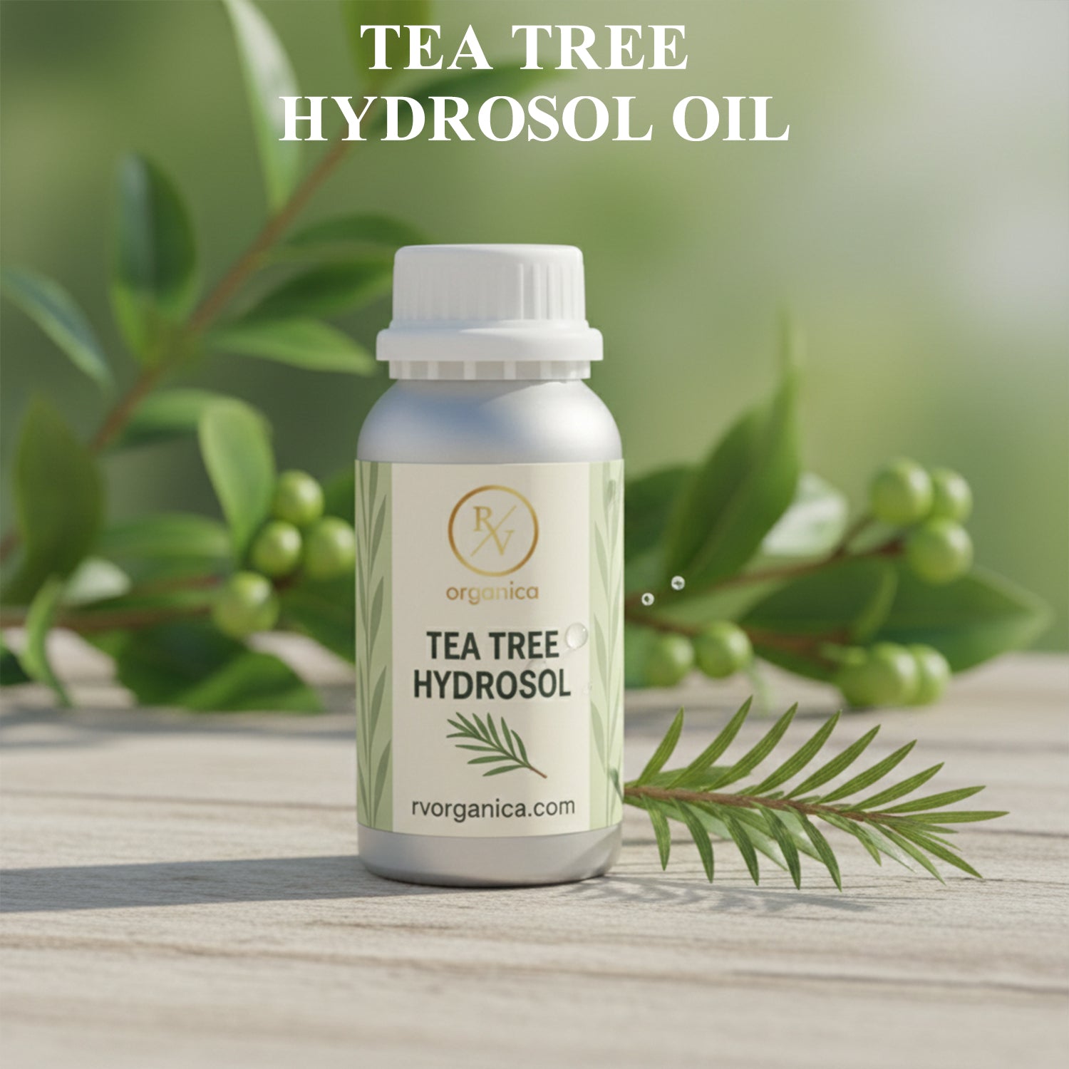 Organic Tea Tree Hydrosol facial mist bottle with fresh tea tree leaves, natural skin toner for acne prone skin, hydration and daily skincare.