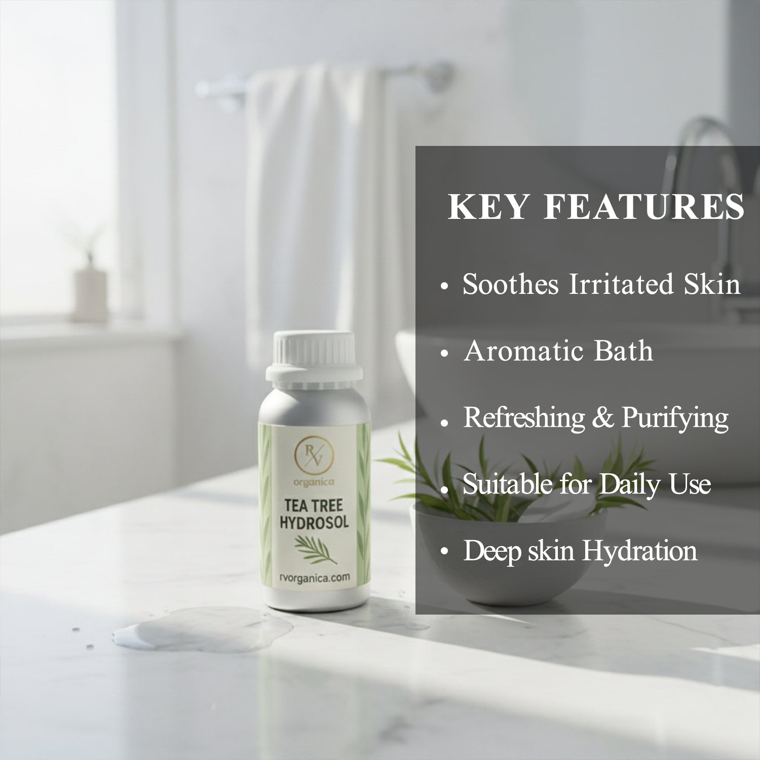 Tea Tree Hydrosol soothing and purifying natural skin mist that helps irritated skin, provides deep hydration and is suitable for daily use.