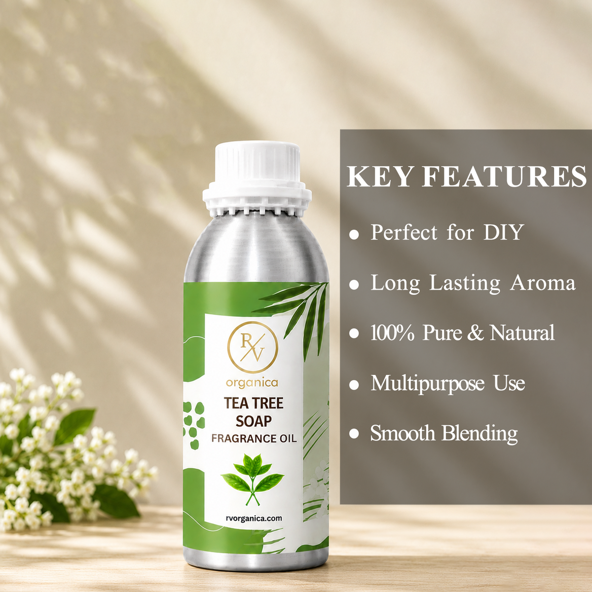 Key features of Tea Tree Soap Fragrance Oil include a fresh herbal aroma, long-lasting fragrance, ideal for soaps and body care products, strong scent retention, premium quality, IFRA compliant, and multipurpose use.