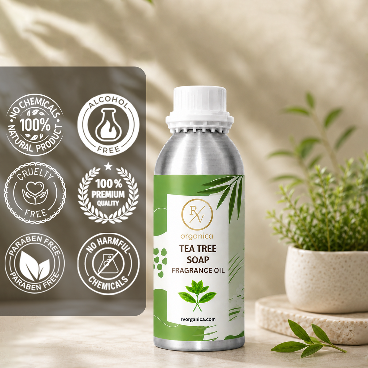 Tea Tree Soap Fragrance Oil in a premium aluminium bottle with quality icons highlighting long-lasting fragrance, premium quality, IFRA compliant, cruelty-free, Made in India, and multipurpose use.
