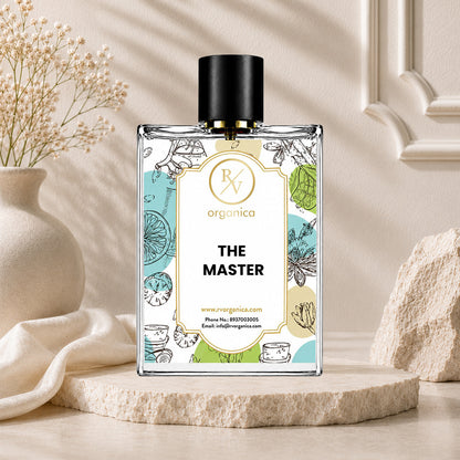 Luxury lifestyle image of RV Organica The Master Inspired Fragrance perfume displayed in a premium elegant setting.