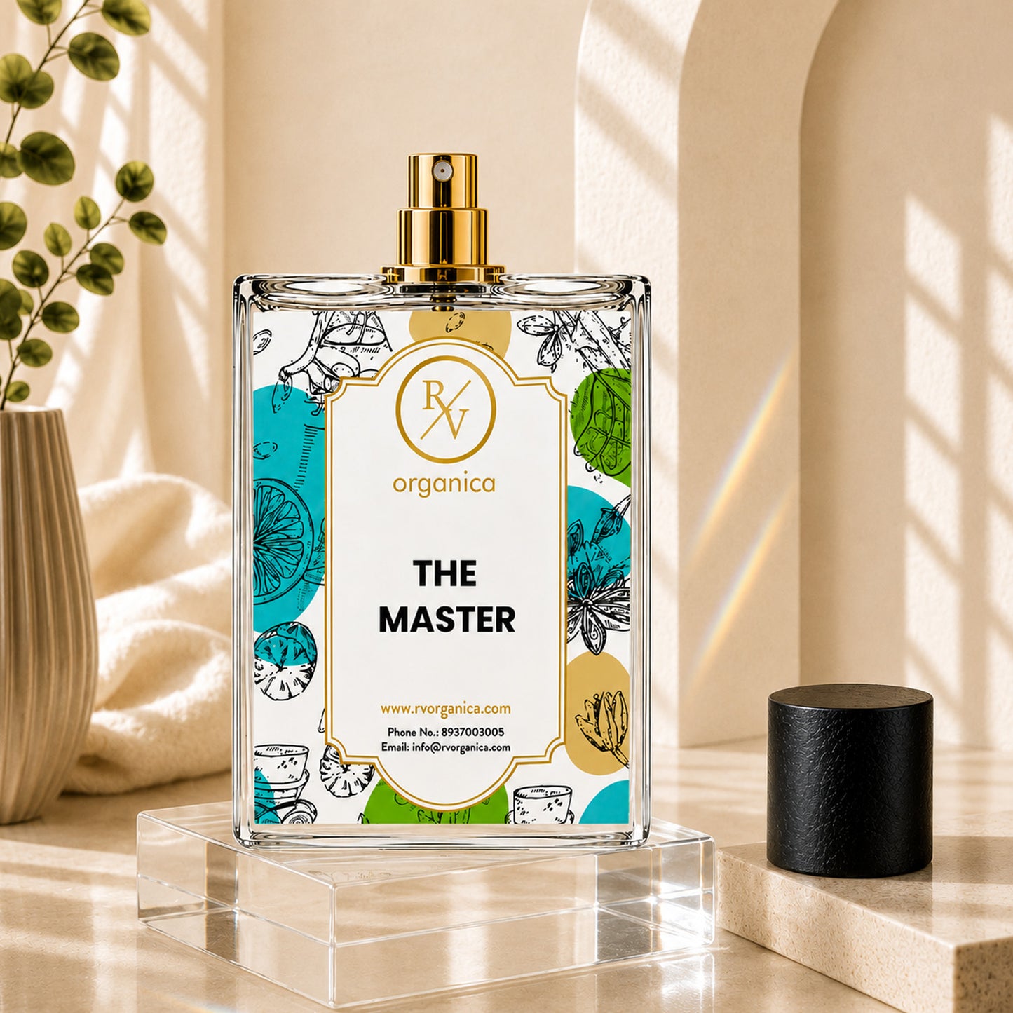 The Master Inspired Fragrance by RV Organica premium perfume bottle with luxury glass design and removable cap.