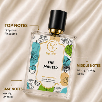 The Master Inspired Fragrance perfume featuring top notes of grapefruit and pineapple, musky spicy middle notes, and woody oriental base notes.
