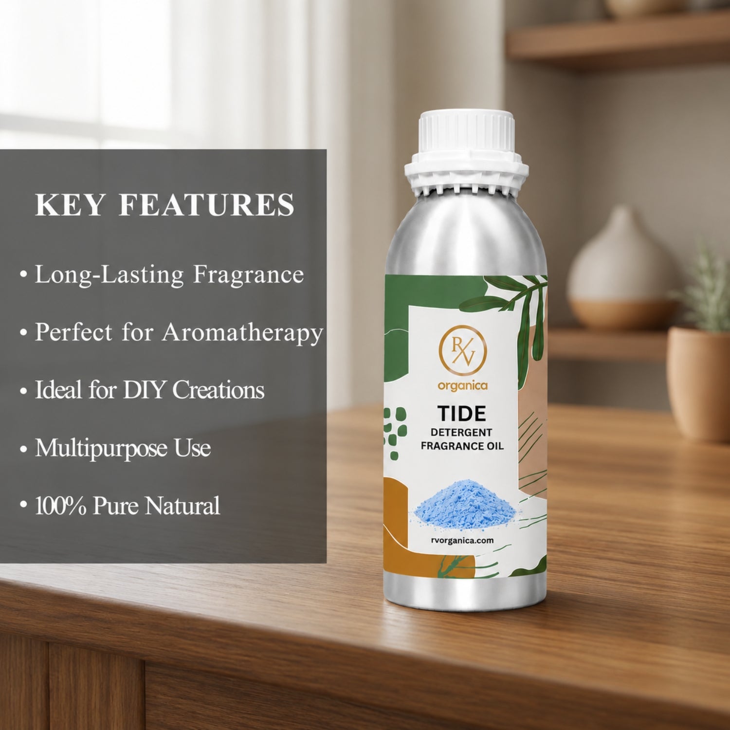 Key features of Tide Detergent Fragrance Oil include a fresh laundry-inspired aroma, long-lasting fragrance, strong scent retention, IFRA compliant, premium quality, and multipurpose use for detergents, fabric conditioners, soaps, candles, and home fragrance products.