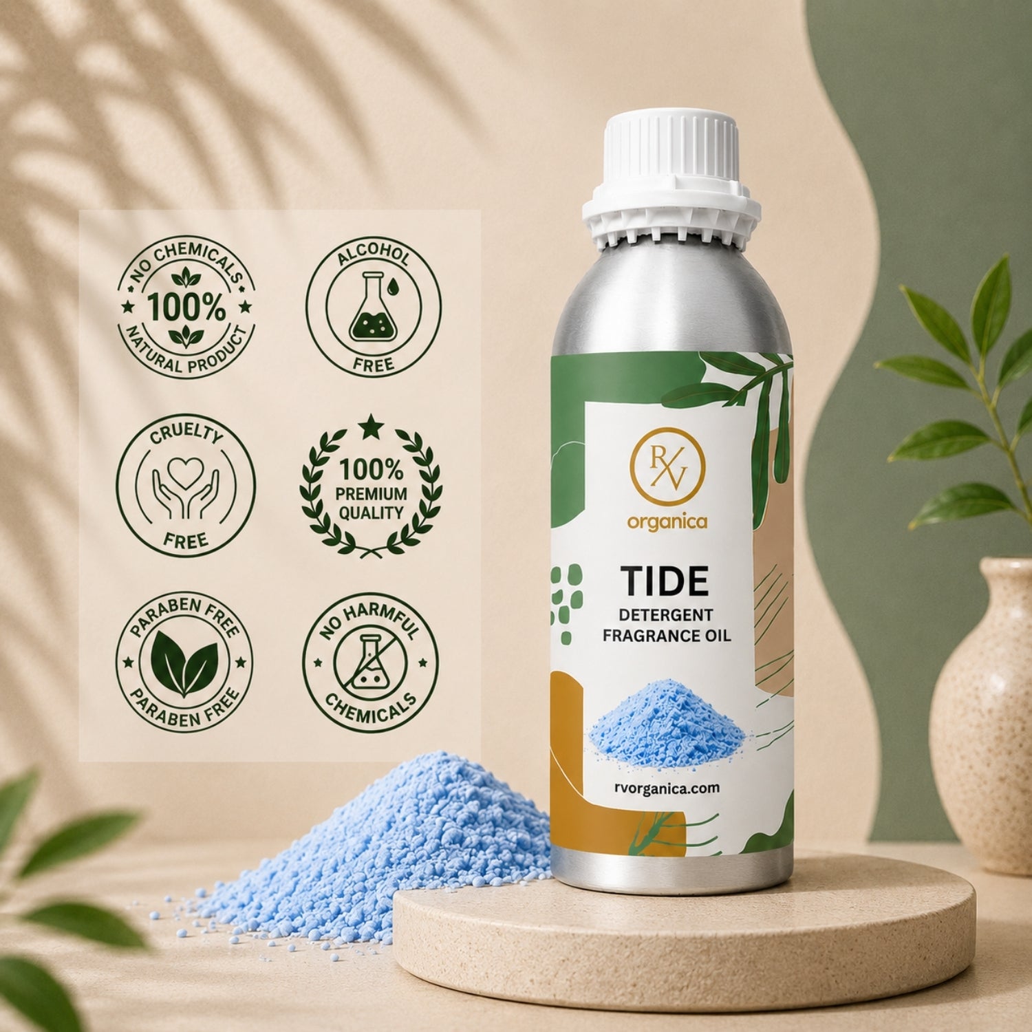 Tide Detergent Fragrance Oil in a premium aluminium bottle with quality icons highlighting long-lasting fragrance, premium quality, IFRA compliant, cruelty-free, and multipurpose fragrance applications.