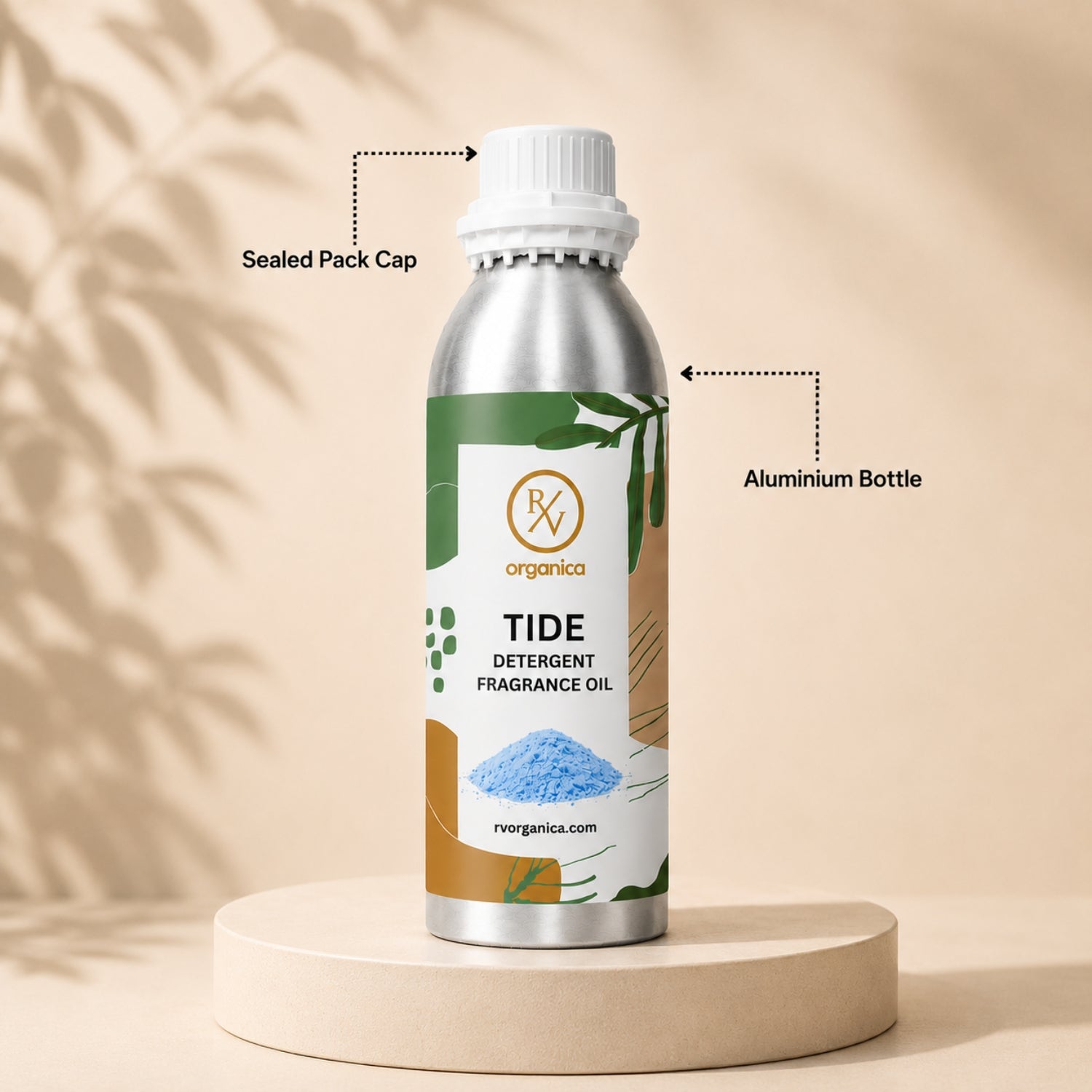 Sealed aluminium bottle of Tide Detergent Fragrance Oil, ensuring purity, freshness, leak-proof packaging, and premium fragrance quality for bulk and personal use.
