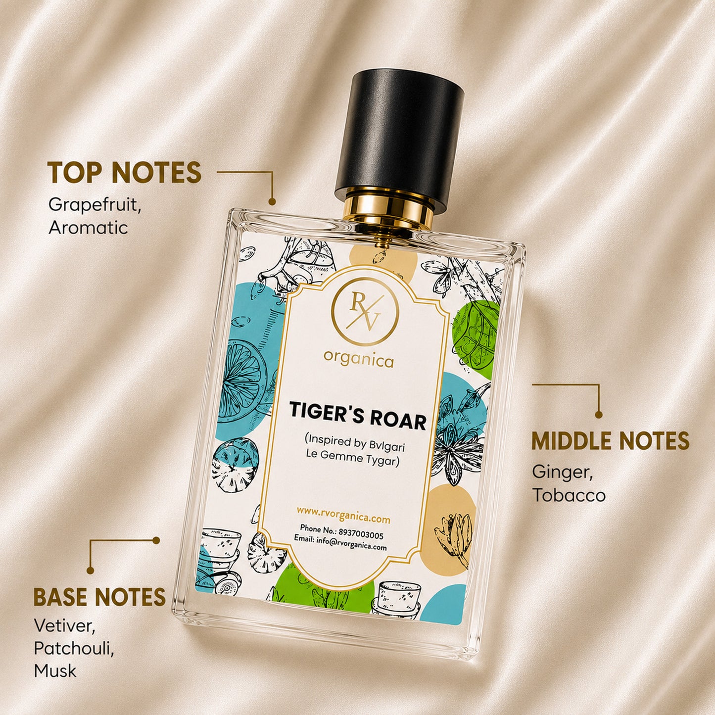 RV Organica Tiger's Roar Inspired Fragrance featuring top notes of Grapefruit and Aromatic accords, middle notes of Ginger and Tobacco, and base notes of Vetiver, Patchouli, and Musk for a bold, long-lasting fragrance.