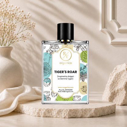 Luxury lifestyle image of RV Organica Tiger's Roar Inspired Fragrance perfume displayed in an elegant premium setting.