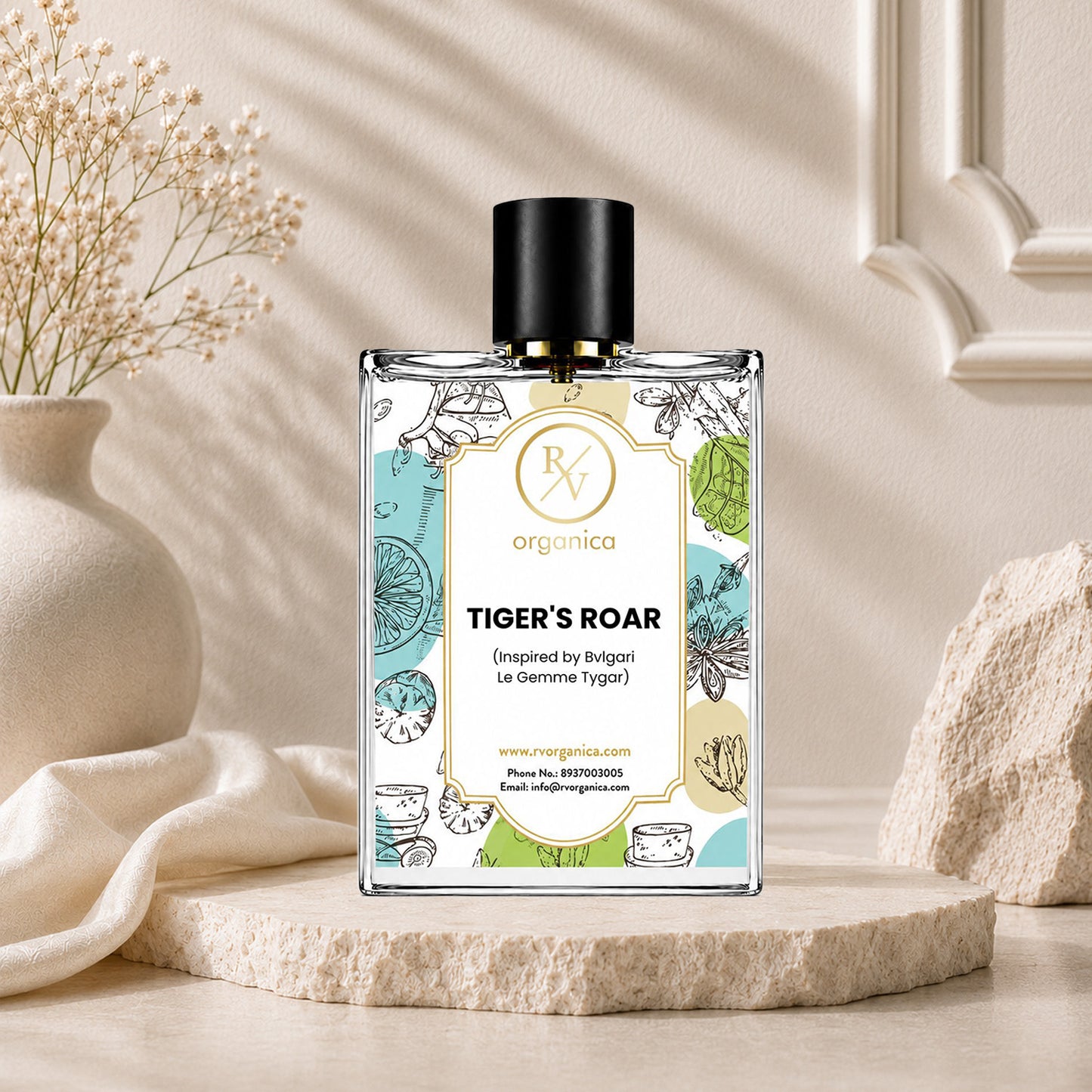 Luxury lifestyle image of RV Organica Tiger's Roar Inspired Fragrance perfume displayed in an elegant premium setting.