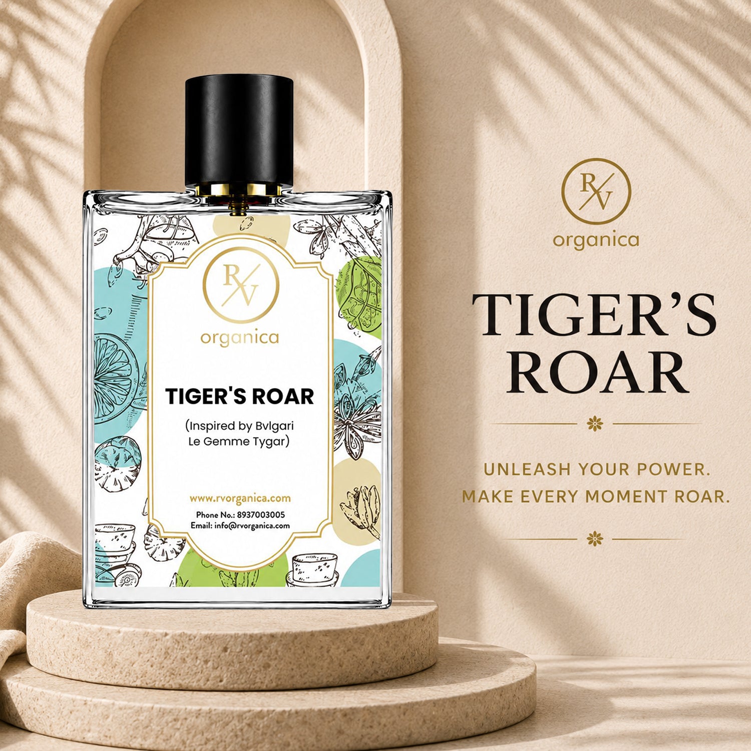 RV Organica Tiger's Roar Inspired Fragrance premium perfume bottle with elegant packaging and a long-lasting luxury fragrance.
