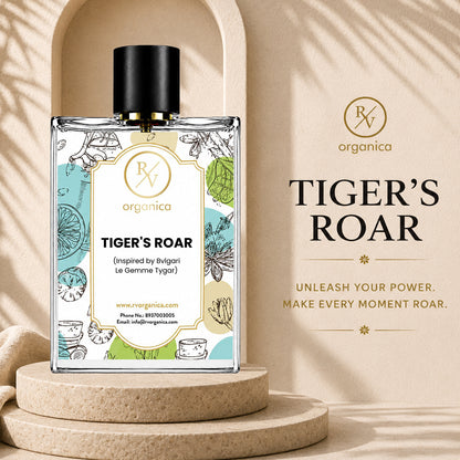 RV Organica Tiger's Roar Inspired Fragrance premium perfume bottle with elegant packaging and a long-lasting luxury fragrance.