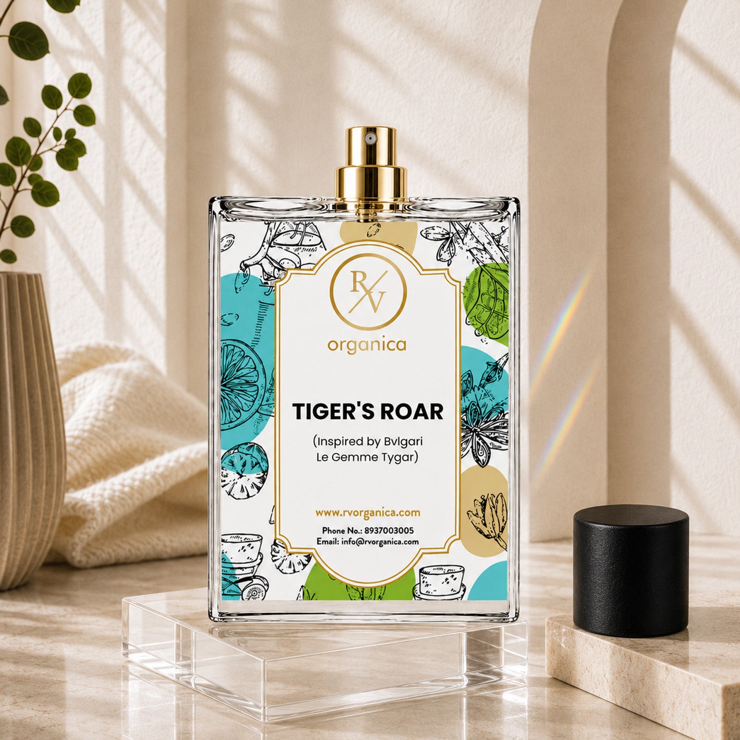 Tiger's Roar Inspired Fragrance by RV Organica premium perfume bottle with luxury glass design and removable cap.