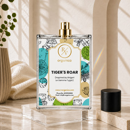 Tiger's Roar Inspired Fragrance by RV Organica premium perfume bottle with luxury glass design and removable cap.