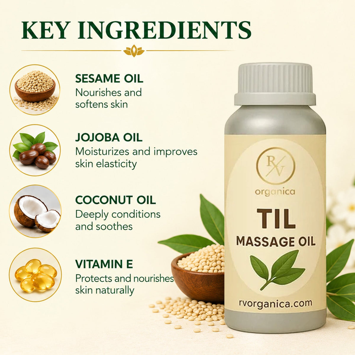 Key ingredients in til massage oil for skin nourishment and care