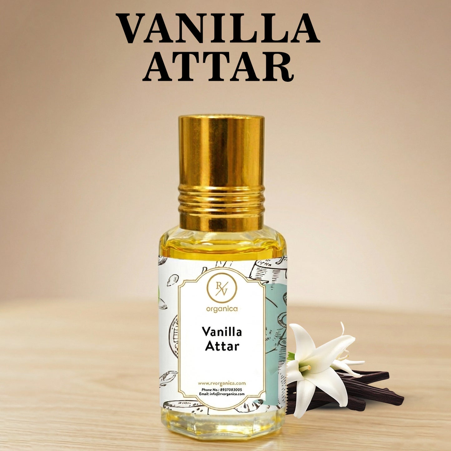 Vanilla Attar perfume oil bottle with label sweet creamy vanilla aroma long lasting attar fragrance