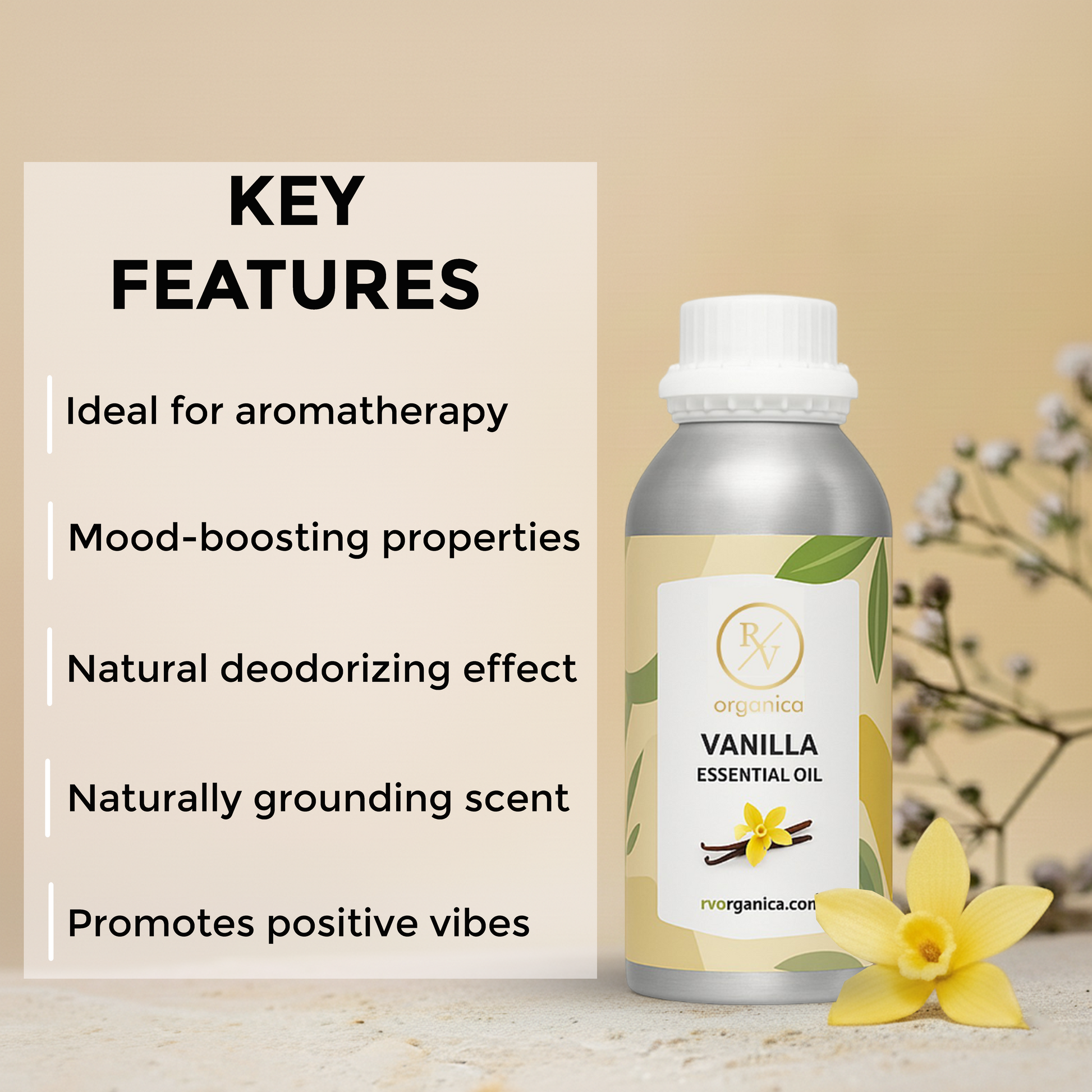 Vanilla Essential Oil key features for aromatherapy relaxation and natural wellness