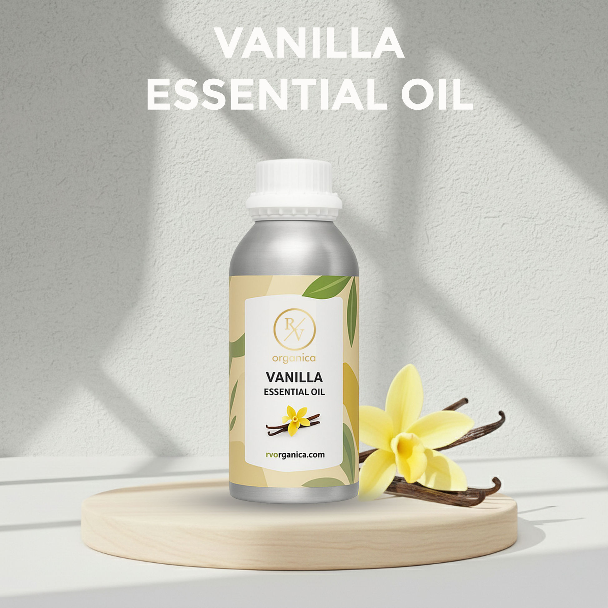 Vanilla Essential Oil premium aluminium bottle with vanilla flower background