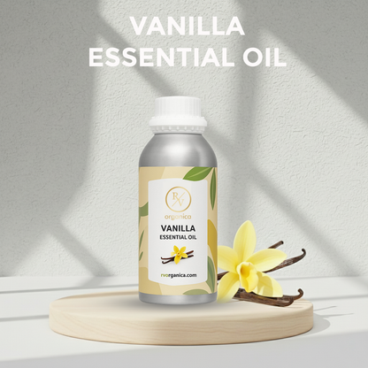Vanilla Essential Oil premium aluminium bottle with vanilla flower background