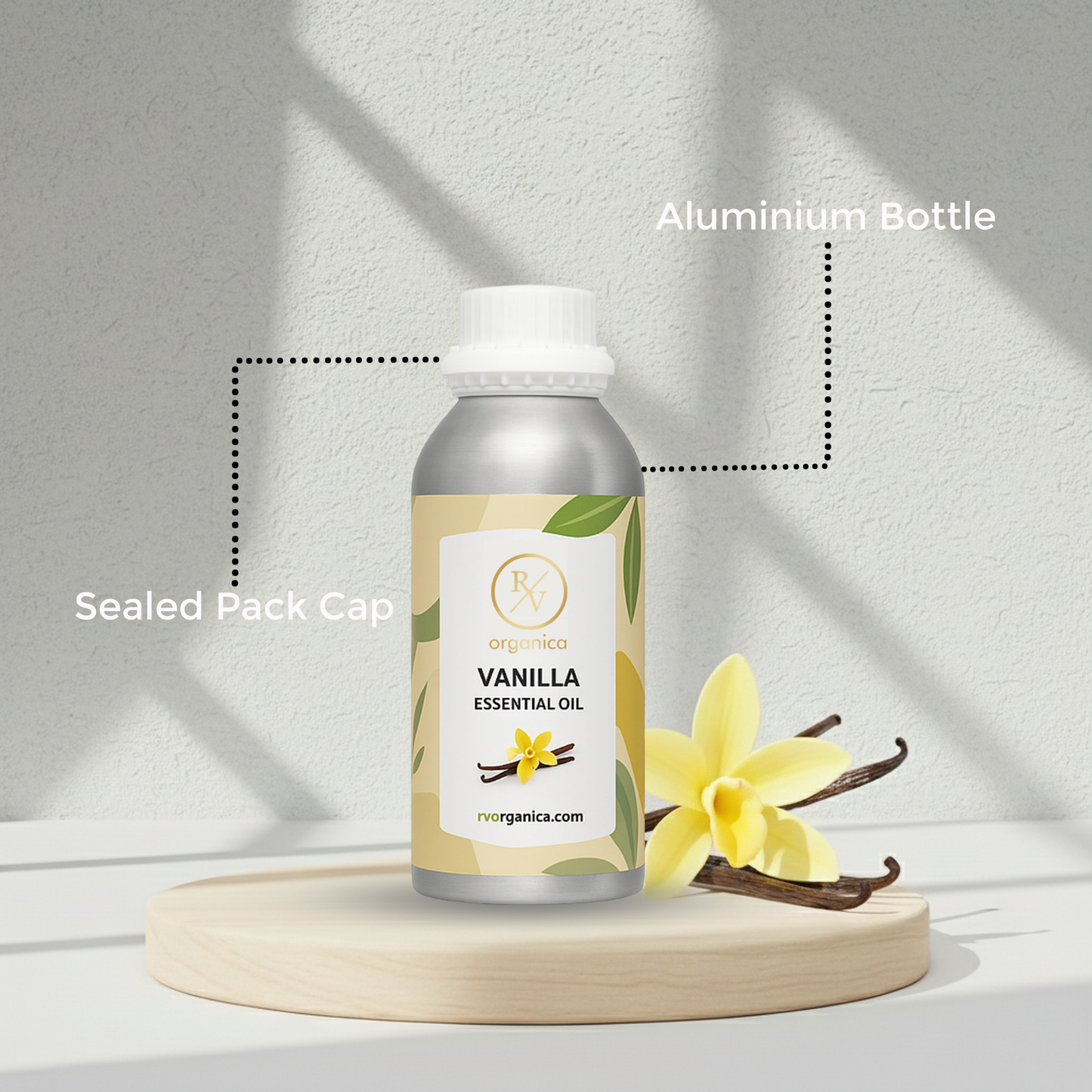 Vanilla Essential Oil sealed packed aluminium bottle with secure cap packaging