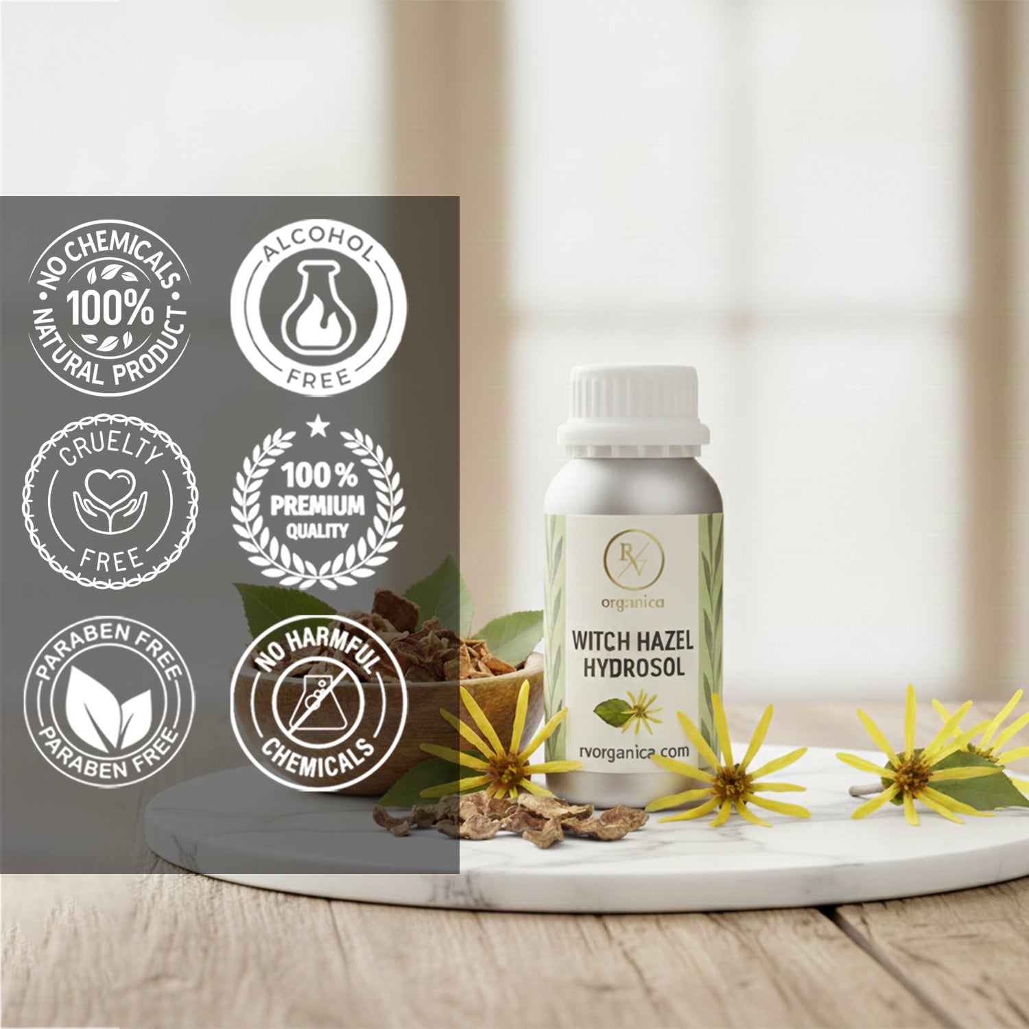 Witch Hazel Hydrosol 100 percent natural skincare product, paraben free, alcohol free, cruelty free and chemical free herbal facial toner.