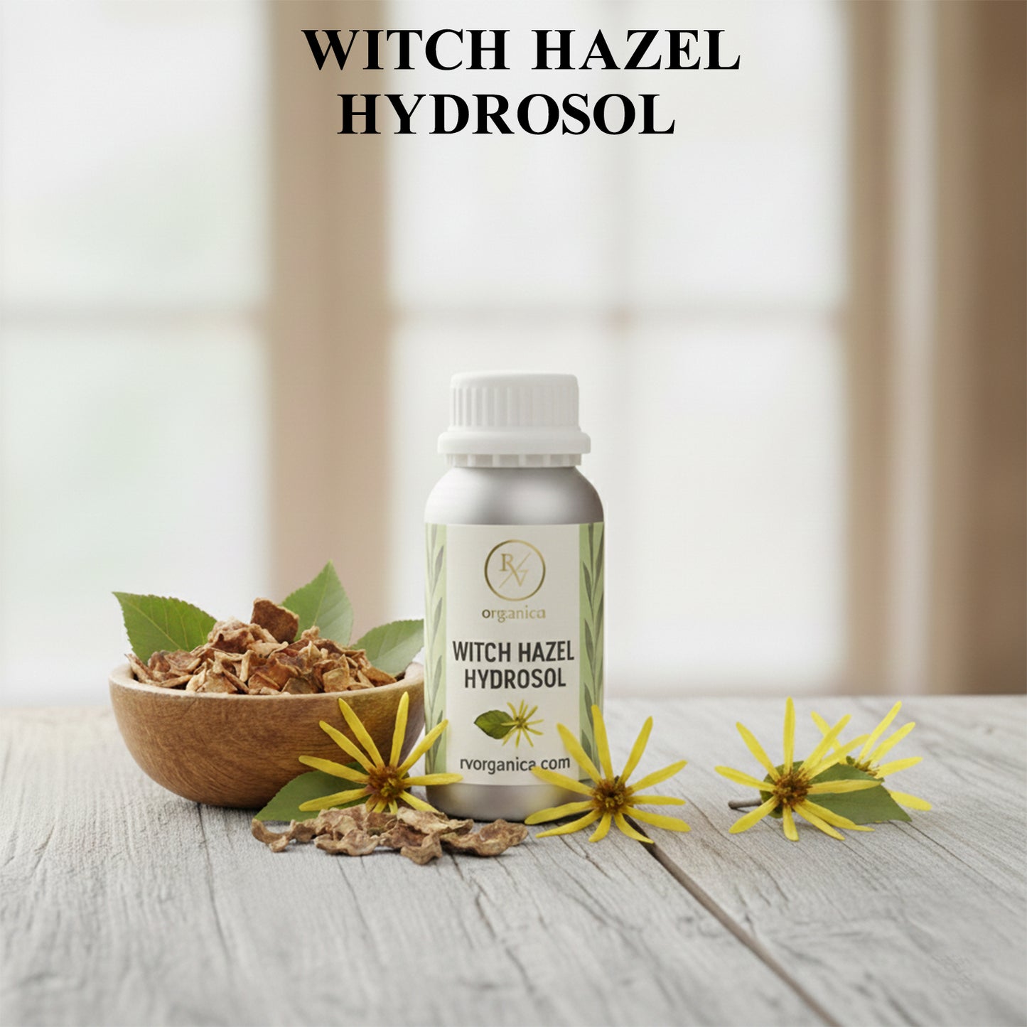 Organic Witch Hazel Hydrosol facial mist bottle with fresh witch hazel flowers, natural skin toner for pore tightening, calming and daily skincare.