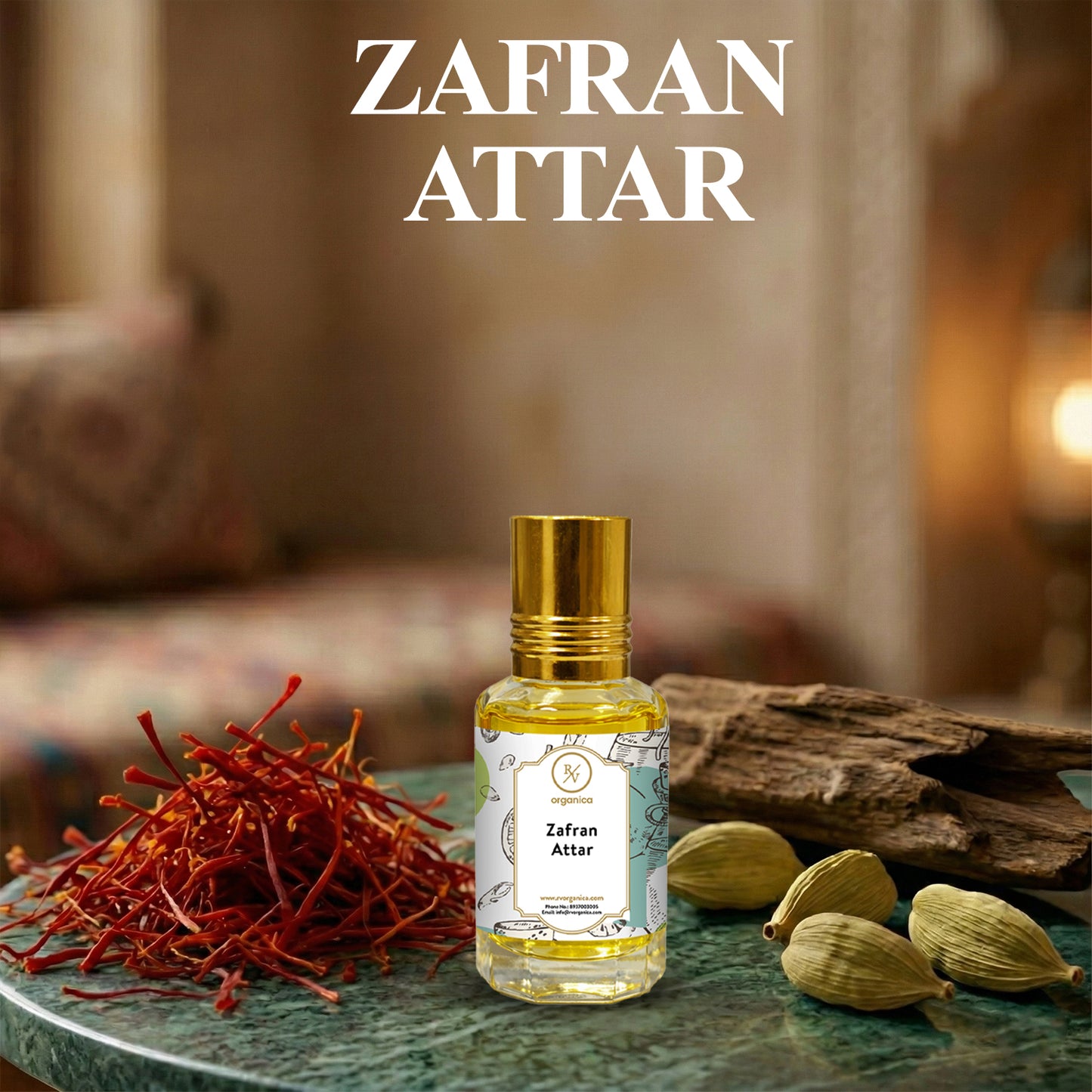 Zafran Attar perfume oil bottle with label rich saffron warm aroma long lasting attar fragrance